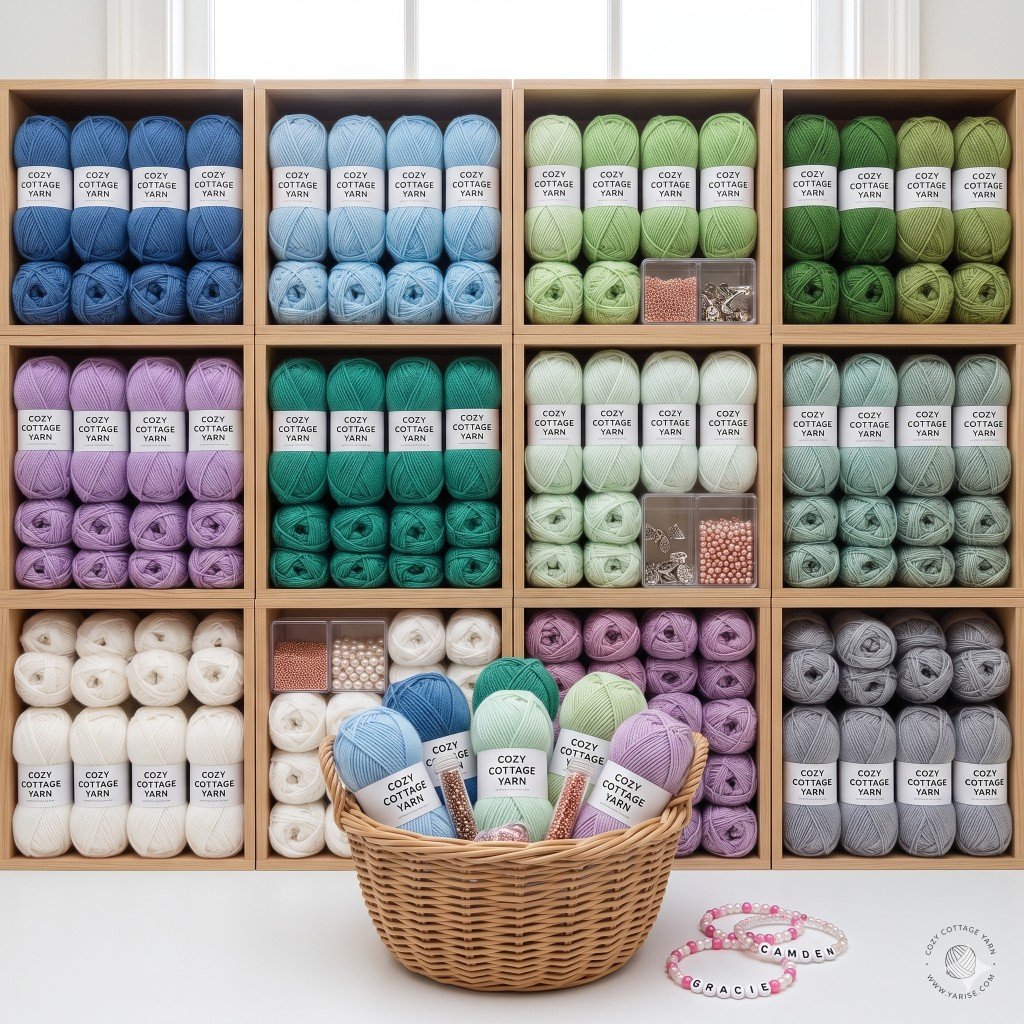 Colourful yarn skeins organized on shelves
